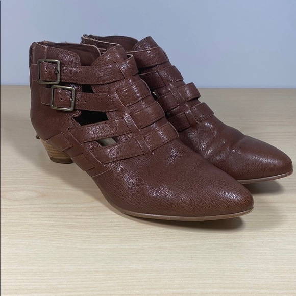 Clarks Mena Poppy Brown Leather Ankle Boots with Cutouts and Buckles - Picture 1 of 9
